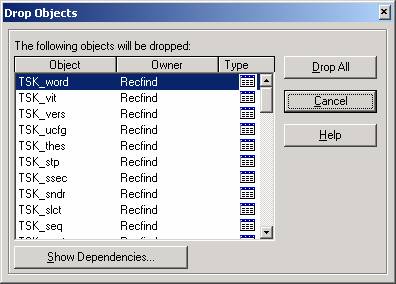 Database Deletion in RecFind/SQL - Drop Objects Screen 
